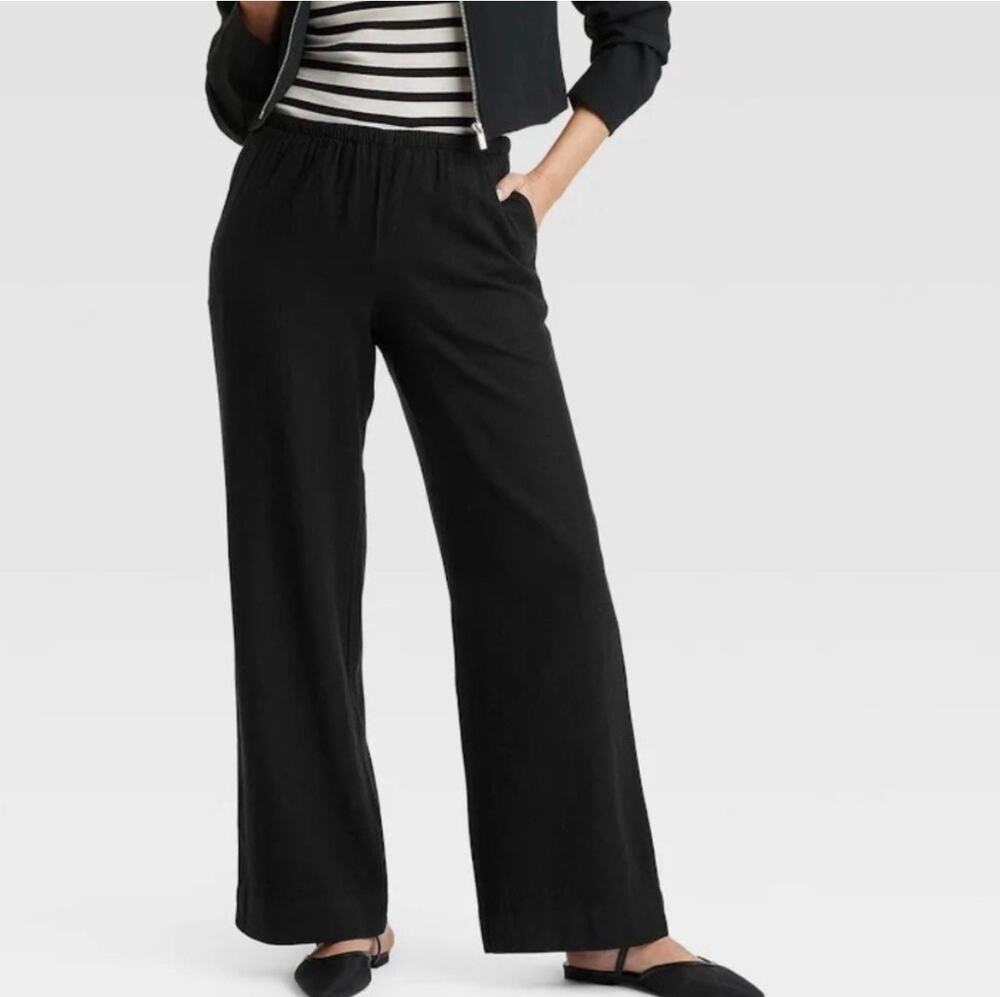 A New Day Black Linen Wide Leg Drawstring Pants Women's Size XXL Short